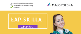 grafika przedstawia na żółtym tle z prawej strony kobietę w wieku od 18 do 24 
