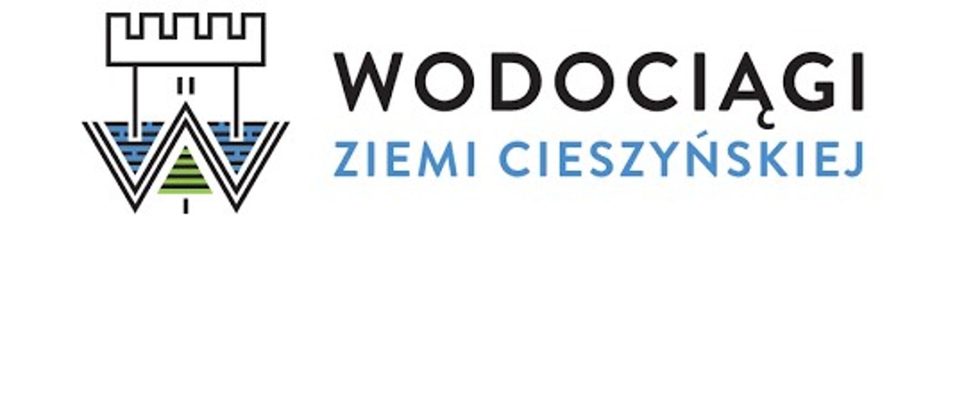 Z lewej strony stylizowany symbol cieszyńskiej wieży piastowskiej, z prawej strony dwukolorowy napis dużymi literami Wodociągi Ziemi Cieszyńskiej 