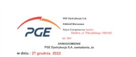 PGE planowana przerwa w dostawie prądu w dniu 27.12.2022.