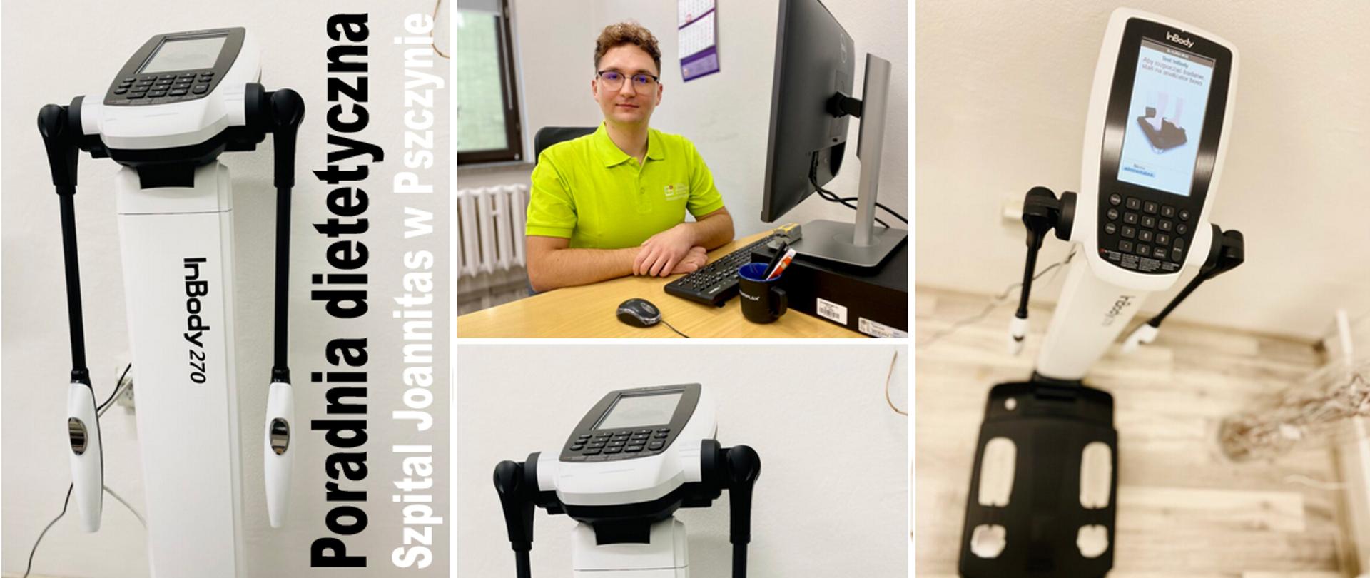 Kolaż zdjęć biało czarnego urządzenia elektronicznego. Na jednym ze zdjęć mężczyzna w zielonej koszulce siedzący przy biurku z komputerem.