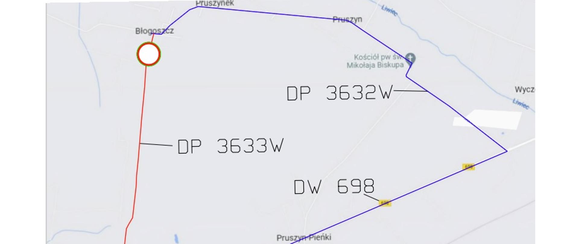 Grafika przedstawia mapę z zaznaczonym objazdem przez miejscowości: Pruszynek, Pruszyn i Pruszyn-Pieńki