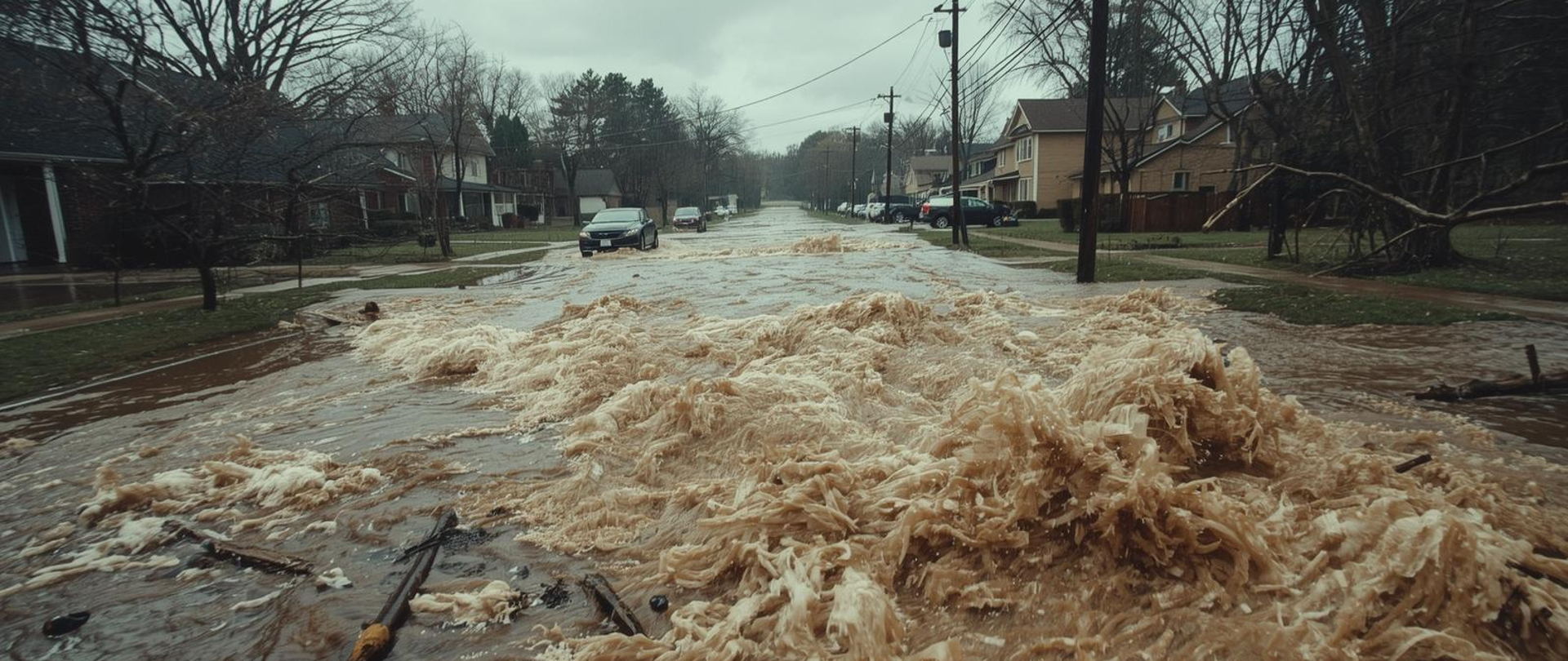 Na zdjęciu widzimy jak wzburzone fale wody z porwanymi kawałkami drewna zaczynają zalewać ulicę, na której znajdują się samochody, a obok domy jednorodzinne. Obraz wygenerowany przez AI