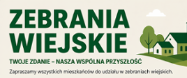  U góry nagłówek „Zebrania wiejskie”, informacja o sprawozdaniu wójta i sołtysów za 2025 rok oraz harmonogram 