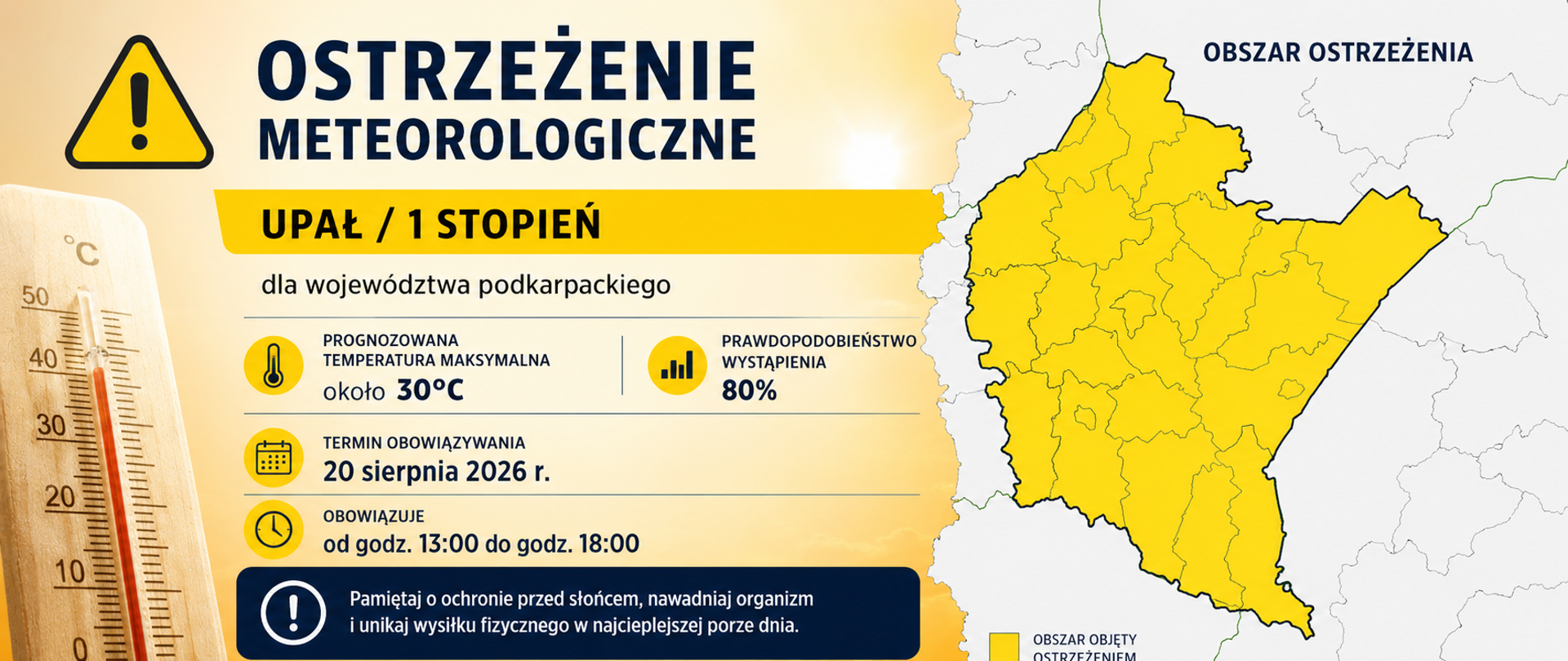 Zdjęcie przedstawia mapę województwa podkarpackiego i ostrzeżeniem pierwszego stopnia przed upałem. Ostrzeżenie obejmuje 22 powiaty, a temperatura maksymalna ma wynieść około 30°C. Obowiązuje 20 sierpnia 2026 r. od 13:00 do 18:00.