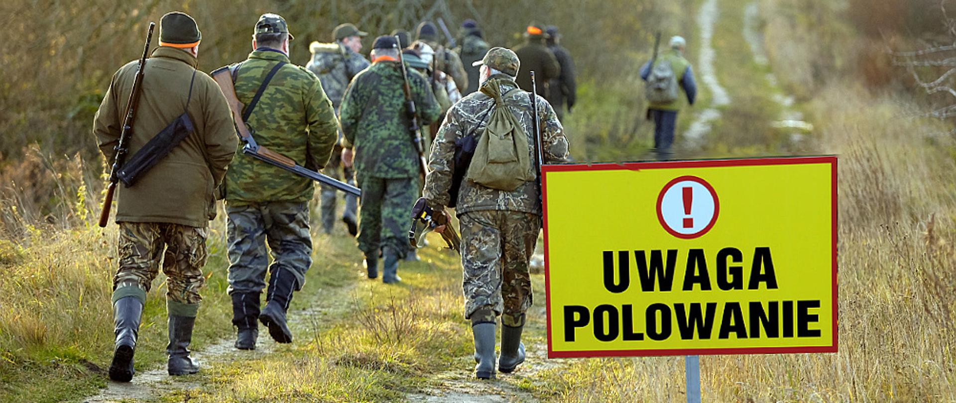 group of hunters during hunting in forest. hunting with the approach
