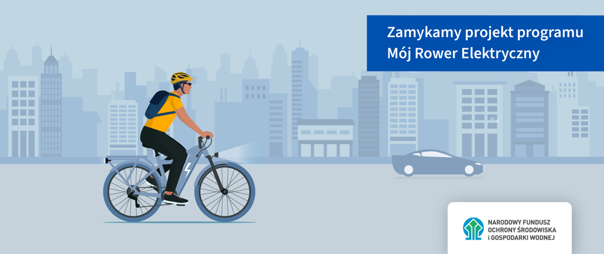 grafika mężczyzny jadącego na rowerze w kasku, w tle zarys miasta 