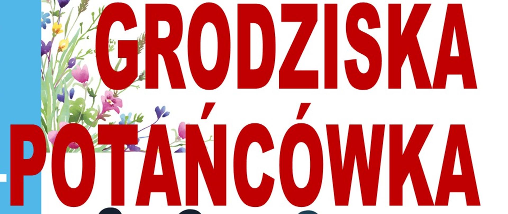 biało niebieski plakat czerwone litery grodziska potańcówkę grafika ludzi tańczących na łące 