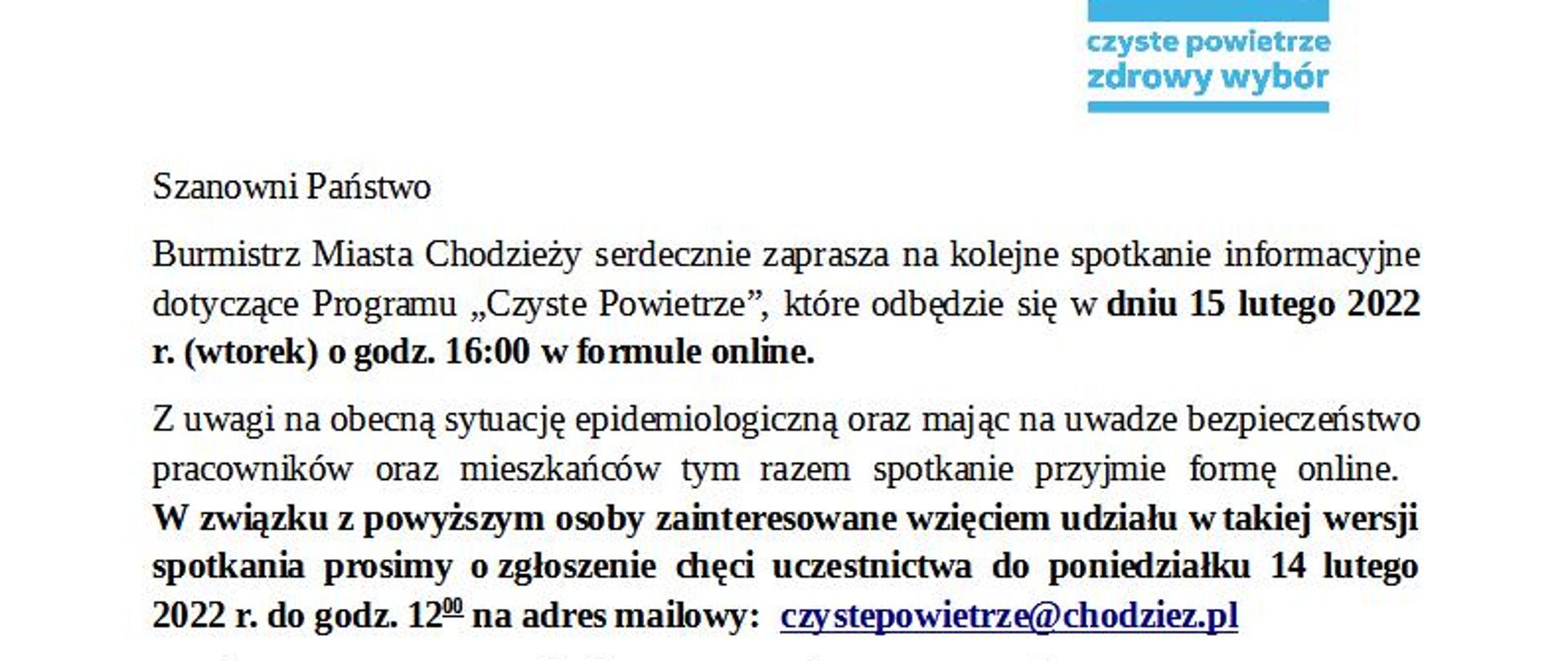 Zaproszenie na spotkanie dot Programu Czyste Powietrze