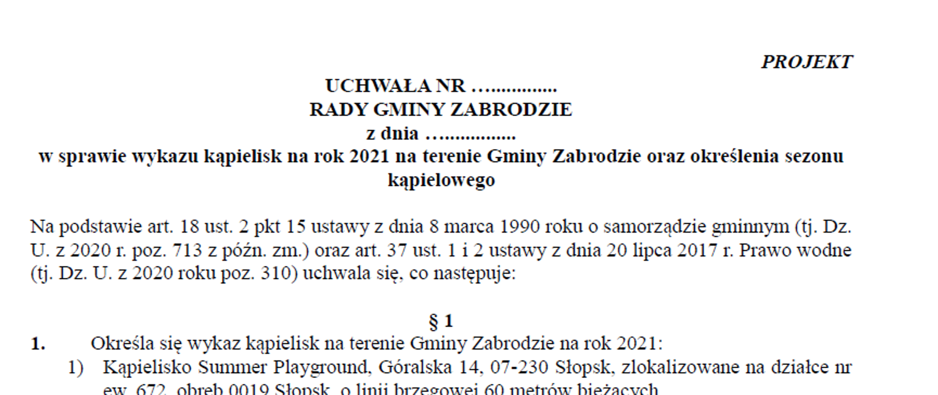 Zdjęcie projektu uchwały w sprawie wykazu kąpielisk załączonego do artykułu