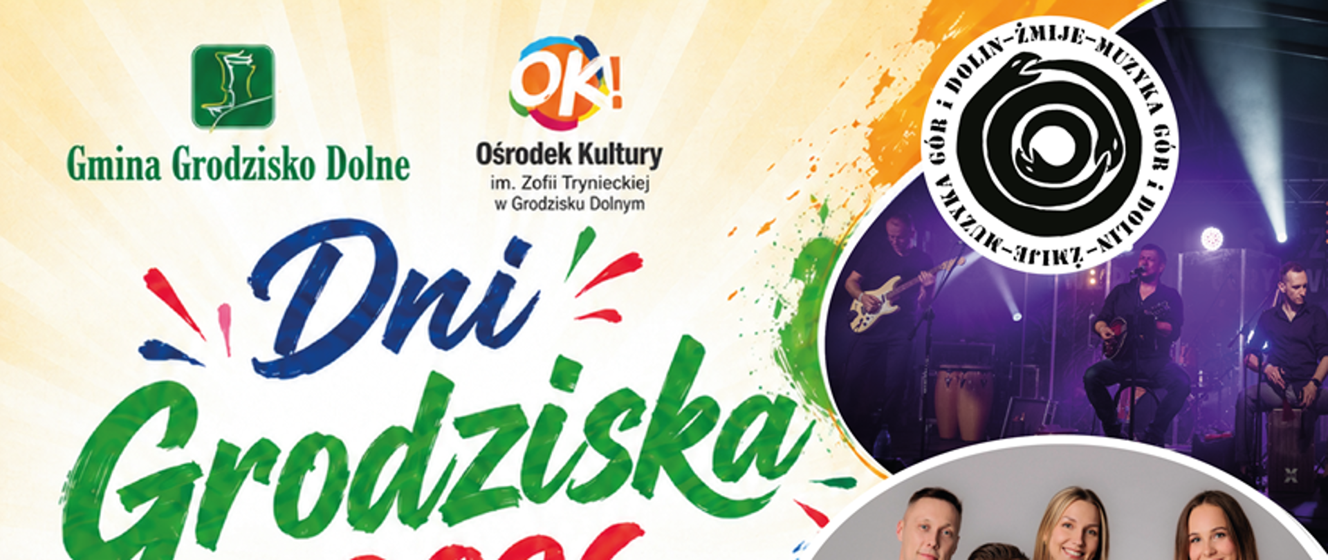 kolorowy plakat z wizerunkami różnych artystów, zaproszenie na dni grodziska 