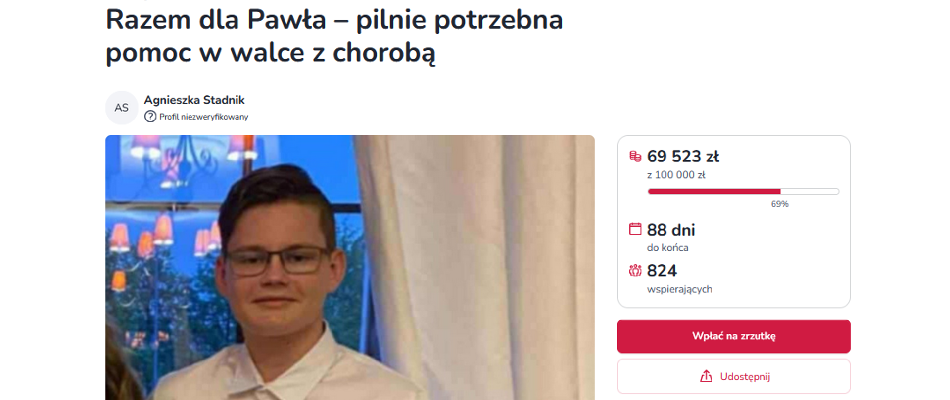 Zdjęcie chorego mieszkańca powiatu oraz napis: Razem dla Pawła - pilnie potrzebna pomoc w walce z chorobą