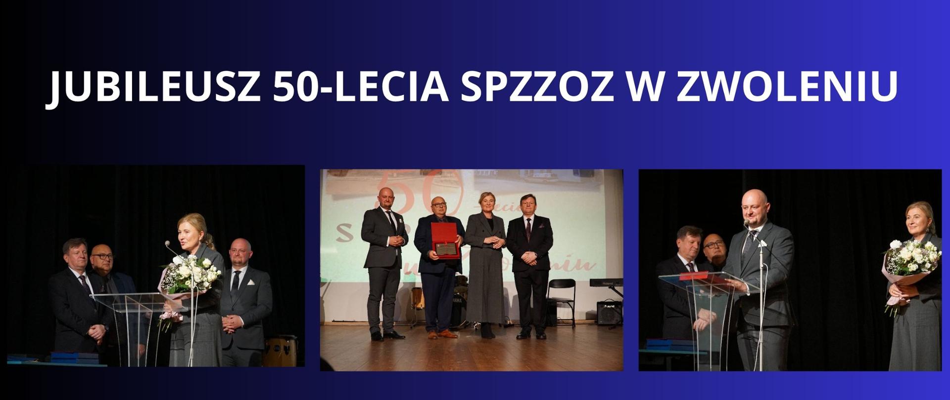 biały napis na granatowym tle "Jubileusz 50 lecia spzzoz w zwoleniu" trzy zdjęcia z wydarzenia z przekazania gratulacji od przedstawicieli powiatu lipskiego, 