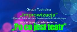 niebieskie tło zielone litery Po co jest teatr 
