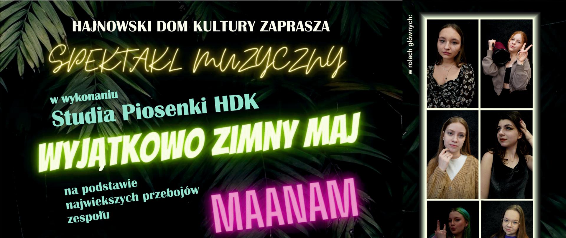 Na czarnym tle informacje organizacyjne i zdjęcia aktorek