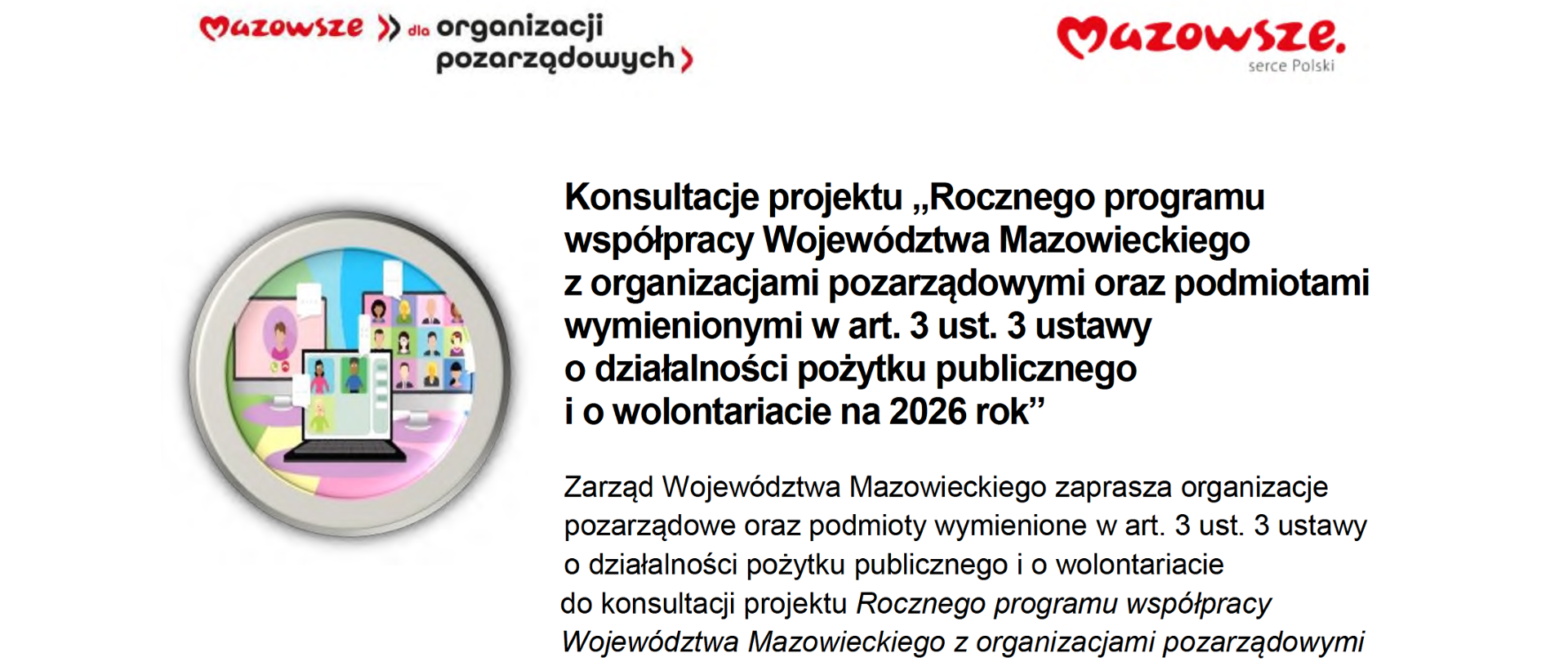 Roczny program współpracy Województwa Mazowieckiego z organizacjami pozarządowymi na 2026 rok.