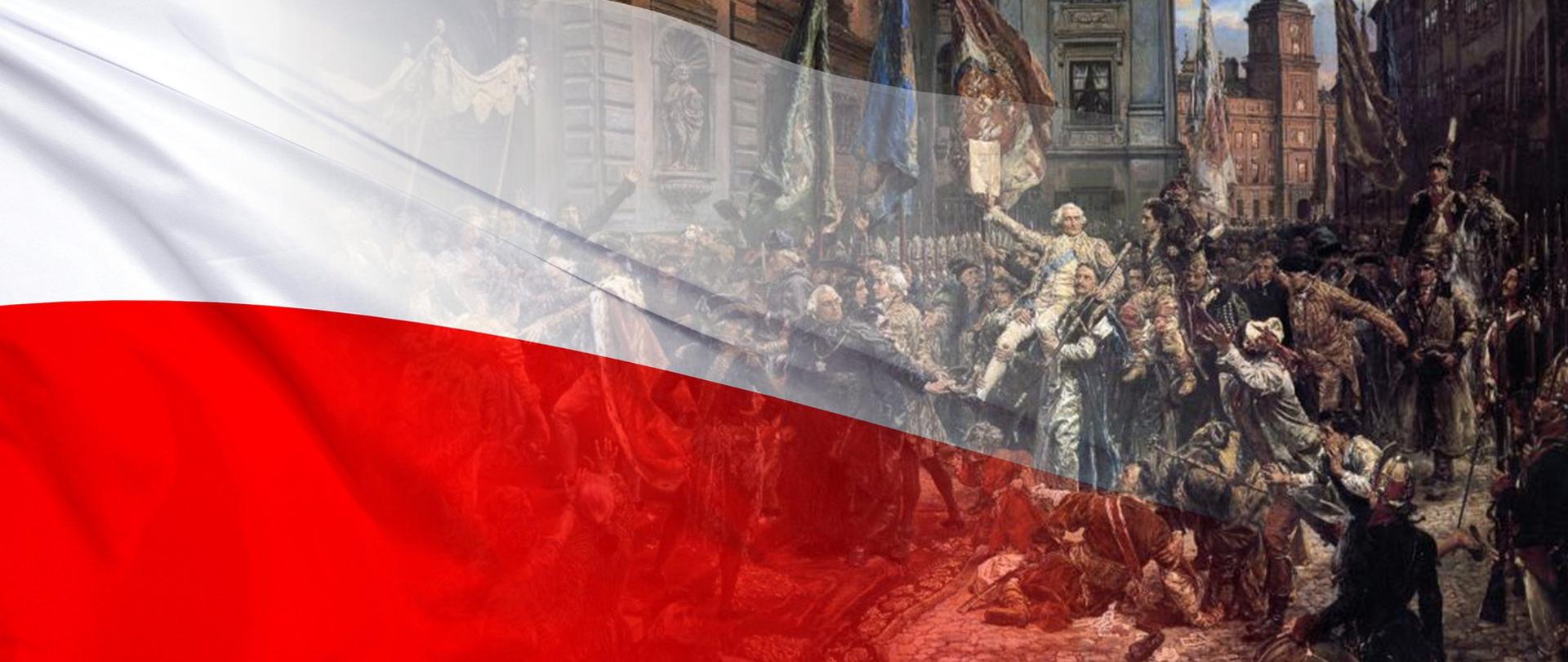 Z lewej strony flaga biało czerwona, z prawej fragment obrazu Jana Matejki "Konstytucja 3 maja 1971 roku"