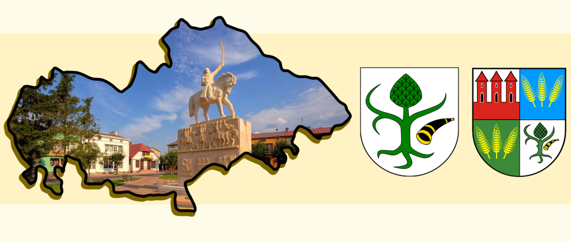 Grafika przedstawia zdjęcie pomnika Tadeusza Kościuszki wpisanego w obrys Gminy Chorzele. Obok herb Gminy Chorzele i Powiatu Przasnyskiego.