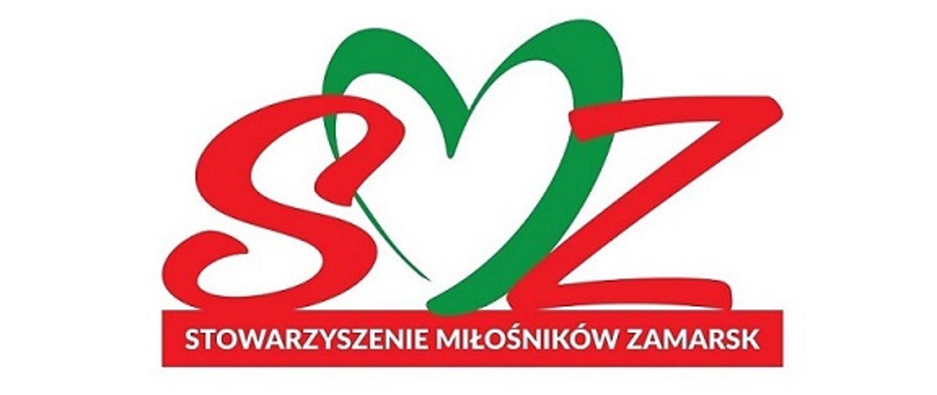 Logo stowarzyszenia: czerwone litery S, Z, w środku pomiędzy nimi zielona litera M w kształcie serca. Pod nimi biały napis na czerwonym tle: Stowarzyszenie Miłośników Zamarsk.