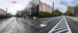 kompilacja dwóch zdjęć przed i po przebudowie Alei Tysiąclecia w Piastowie.
