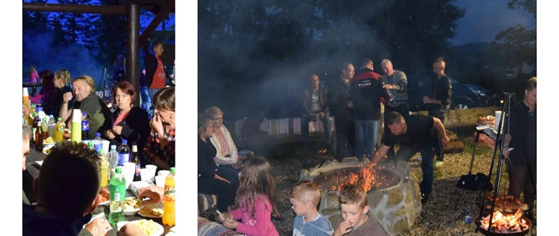 Kolaż przedstawia: na pierwszym zdjęciu osoby siedzą przy zastawionym stole, na drugim i trzecim zdjęciu osoby stoją przy ognisku, na czwartym zdjęciu małe oscypki ułożone na grillu