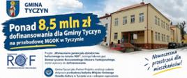 Infografika informująca o ponad 8,5 mln zł dofinansowania dla Gminy Tyczyn na przebudowę Miejsko-Gminnego Ośrodka Kultury w Tyczynie. Na grafice widoczny jest budynek MGOK oraz herb Gminy Tyczyn i logo Stowarzyszenia Rzeszowskiego Obszaru Funkcjonalnego.