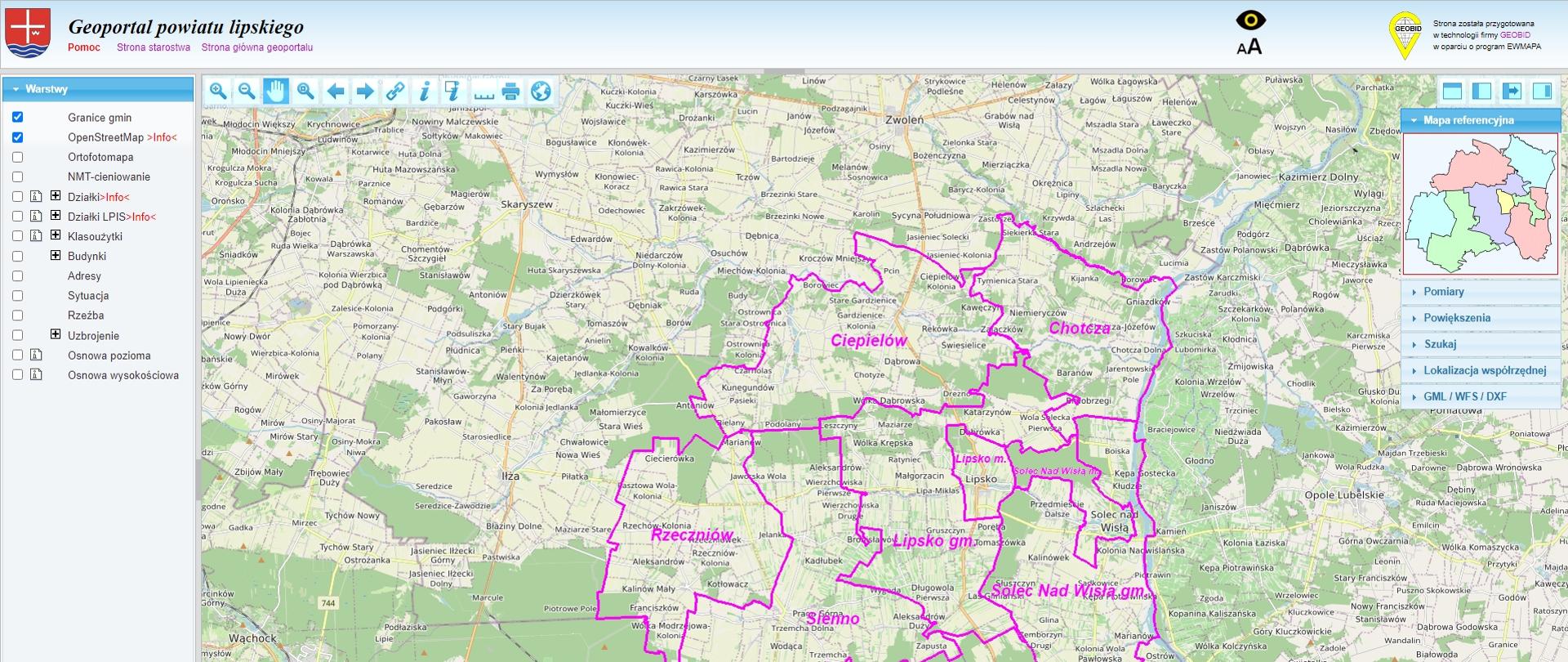 Widok mapy granic powiatu, granic gmin na tle mapy podkładowej