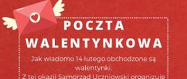 Walentynkowy plakat z serduszkami na czerwonym tle informujący o akcji Poczta Walentynkowa