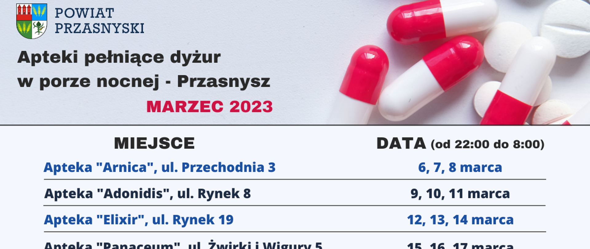Grafika informacyjna z harmonogramem dyżurów aptek w porze nocnej w marcu 2023 r. - treść w wiadomości