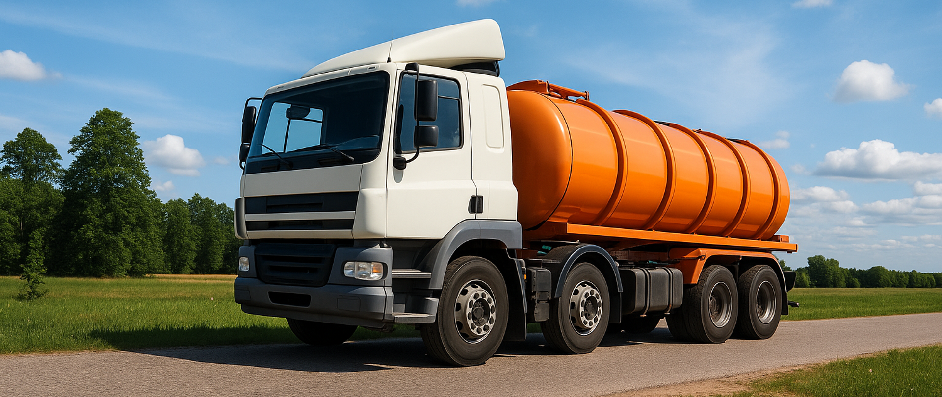 Białe auto ciężarowe z pomarańczową beczką w tle bezchmurne niebo i i las
