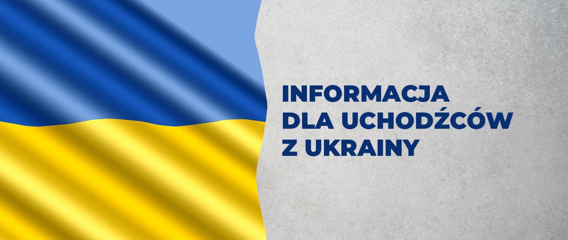 Grafika przedstawia flagę Ukrainy po lewej stronie, po prawej tekst: Informacja dla uchodźców z Ukrainy