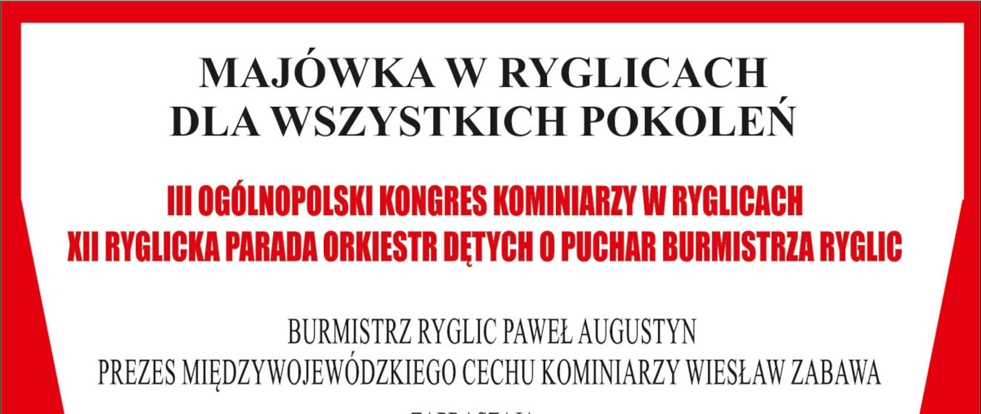 Grafika przedstawia plakat informacyjny dotyczący wydarzenia "Majówka w Ryglicach dla wszystkich pokoleń"