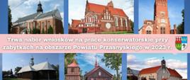 Grafika informująca o trwającym naborze wniosków na prace konserwatorskie przy zabytkach. Treść w artykule.