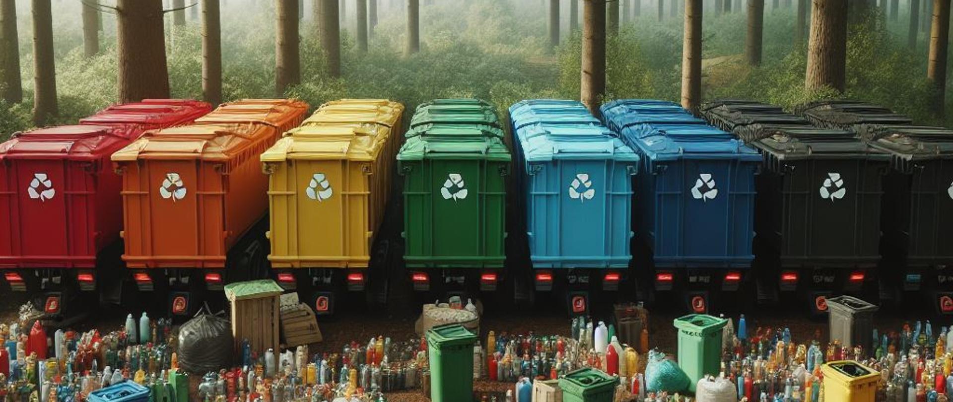 Zdjęcie przedstawia scenę w lesie z wysokimi, cienkimi drzewami i mglistą atmosferą. Na pierwszym planie ustawione są kolorowe kosze na odpady. Kolor koszy wskazuje na różne rodzaje odpadów. Wokół koszy rozrzucone są duże ilości śmieci, w tym butelki plastikowe, torby i pojemniki. Ewidentny jest kontrast między naturalnym otoczeniem lasu a zanieczyszczeniem powstałym przez śmieci.