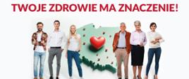 białe tło na górze ludzie z różnych grup społecznych stoją na tle zarysu mapy polski z sercem na środku 