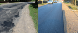 Droga we wsi Kutowa - przed i po remoncie. Od lewej - stan nawierzchni przed remontem (wybite pobocza, popękany i dziurawy asfalt, po prawej - droga po remoncie: nowa nawierzchnia i wyrównane pobocze