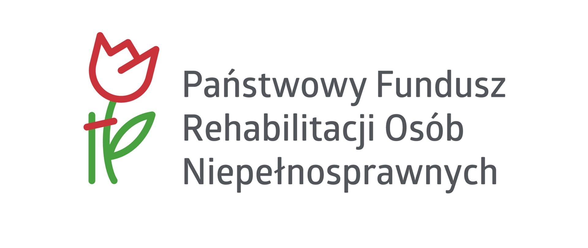 Logo Państwowego Funduszu Rehabilitacji Osób Niepełnosprawnych, składające się z stylizowanego czerwonego i zielonego kwiatu oraz czarnego tekstu