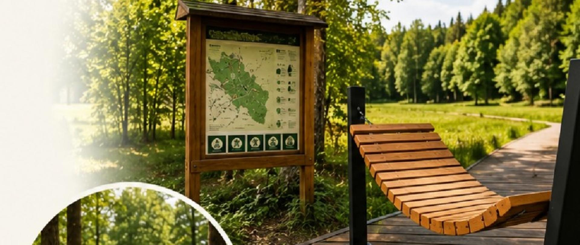 Kolaż zdjęć prezentujący infrastrukturę turystyczną, u dołu logotypy projektu