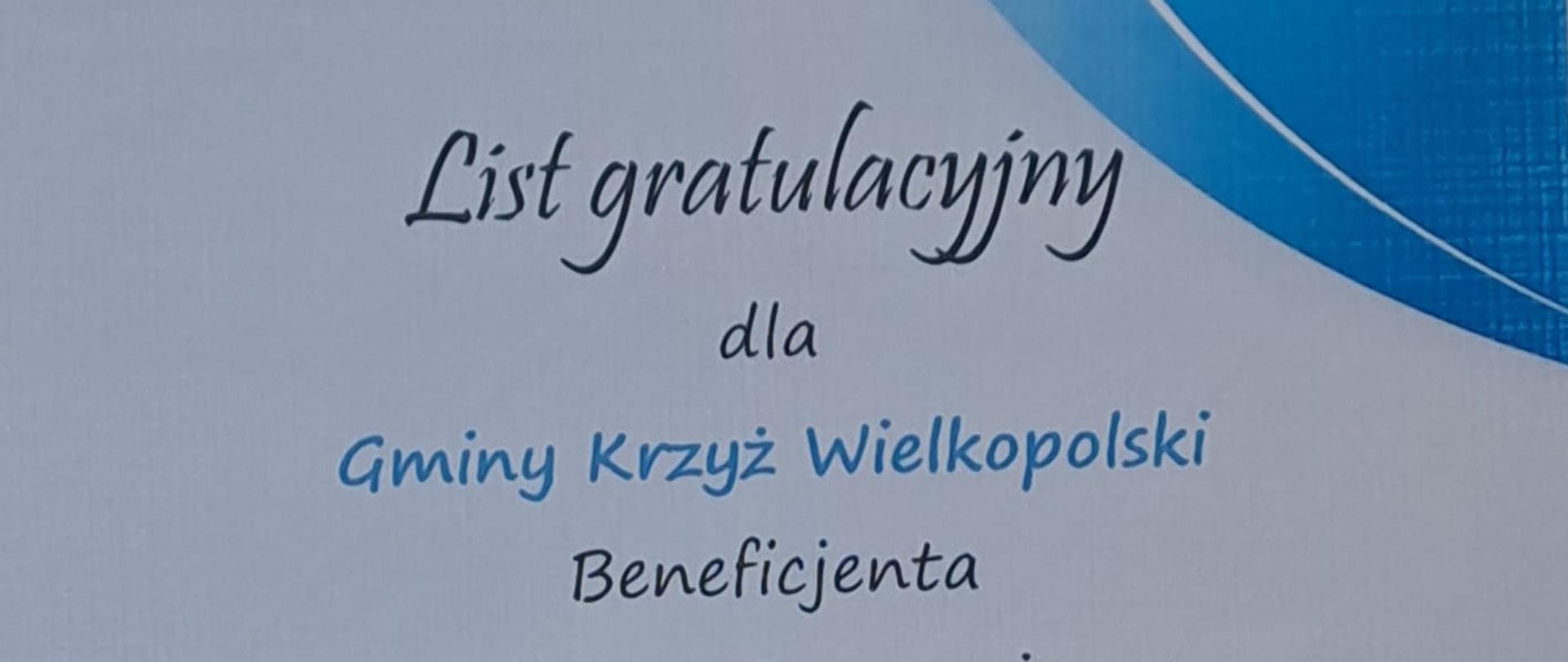 List gratulacyjny "Wiata Rekreacyjna nad Jeziorem Królewskim" - Nadnotecka Grupa Rybacka