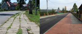 Kolaż dwóch zdjęć przedstawiających efekt rozbudowy - po lewej efekt przed - nierówny, porośnięty chodnik, efekt po: nowa nawierzchnia jezdni z nowym chodnikiem i wyznaczoną ścieżką rowerową