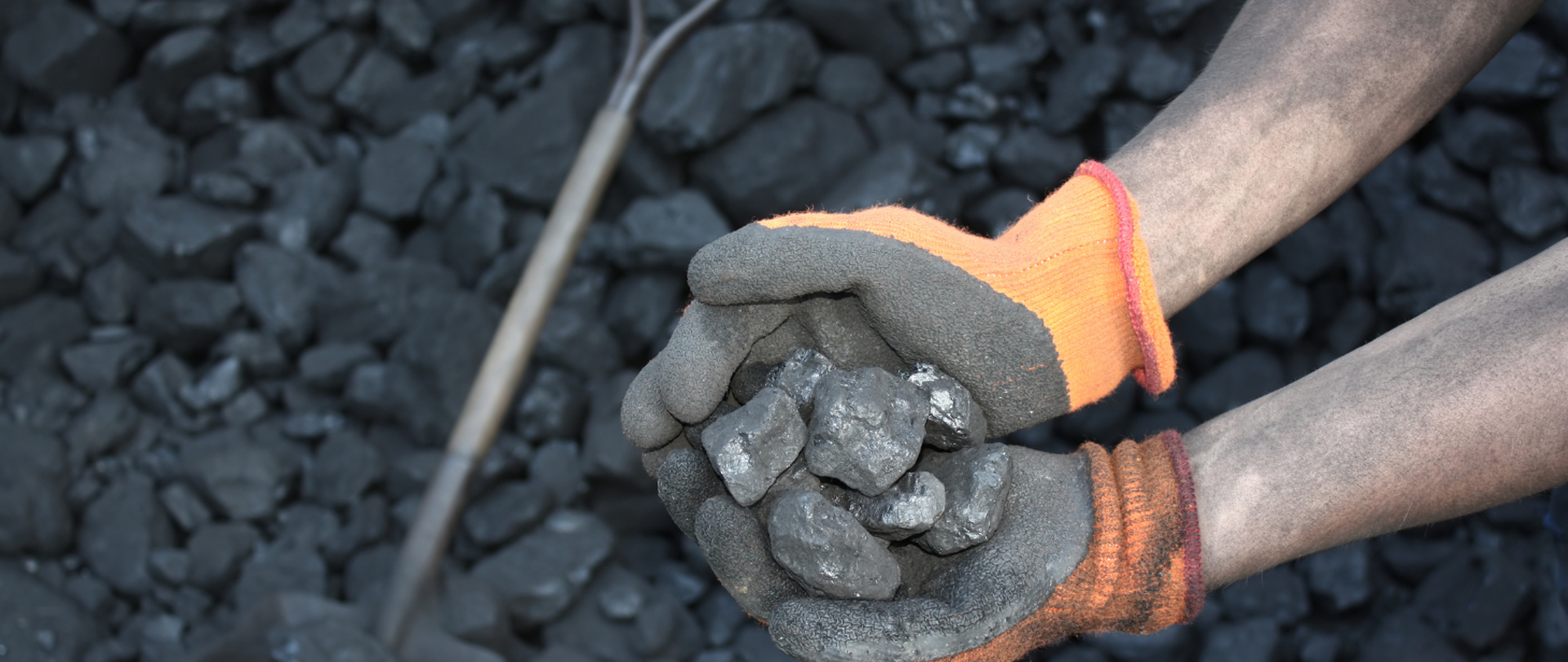 Zdjęcie węgla z łopatą i rękami