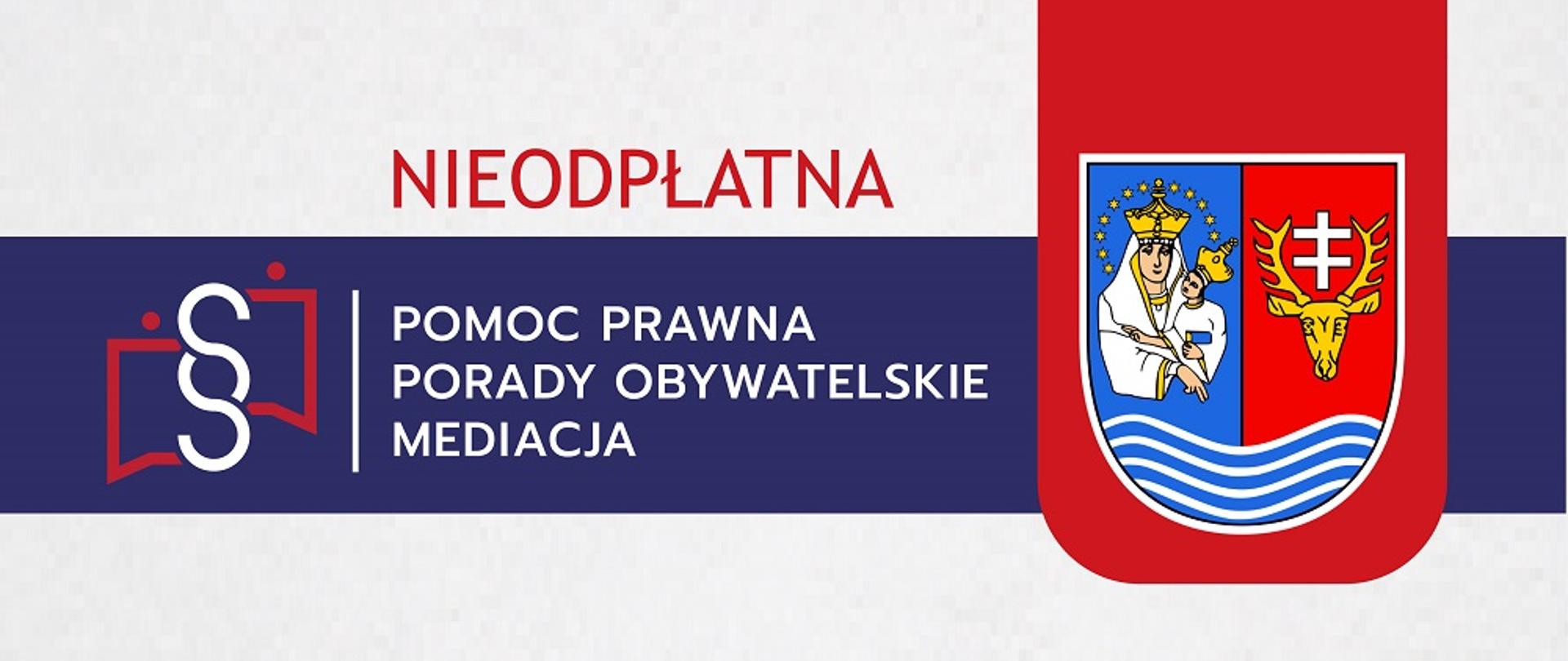 Plakat granatowo biały z informacjami o nieodpłatnej pomocy prawnej na ternie Powiatu Leżajskiego 