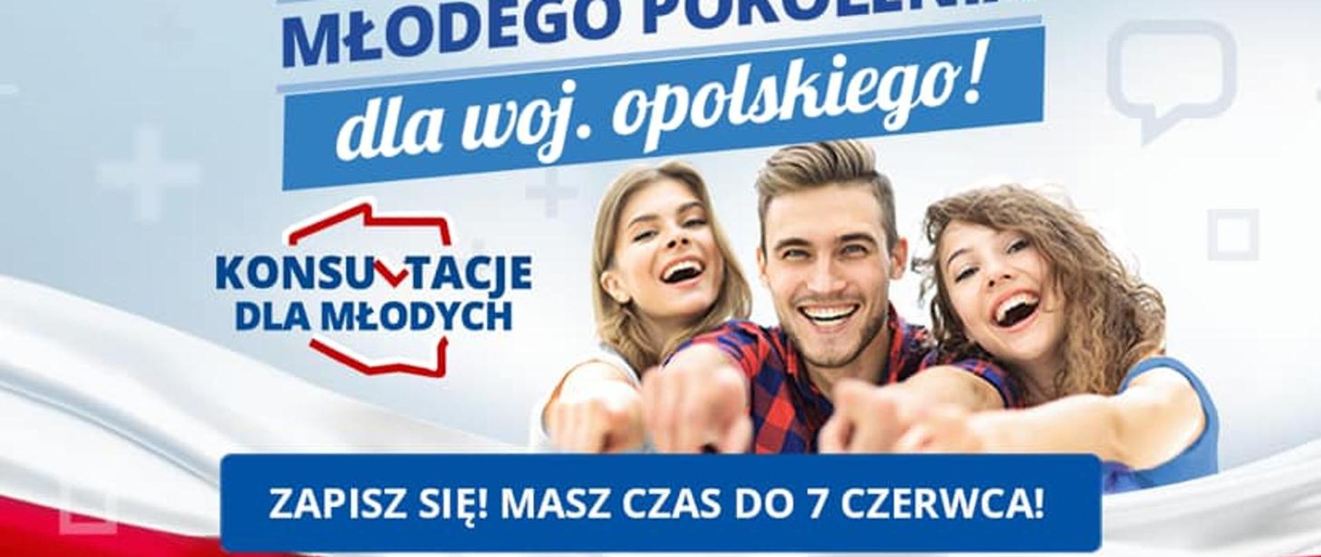 Zaproszenie do wzięcia udziału w ankiecie dla osób młodych. 3 młode osoby oraz napisy promujące udział w ankiecie. 