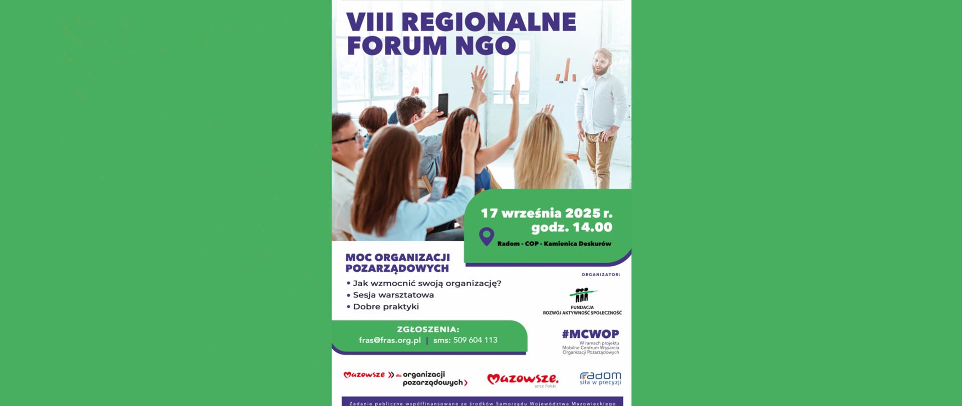 plakat na zielonym tle z informacją o szkoleniu VIII REGIONALNE FORUM NGO.