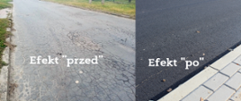 Efekt przed i po - widok drogi o popękanej nawierzchni, efekt po - nowa nowa nawierzchnia i chodnik