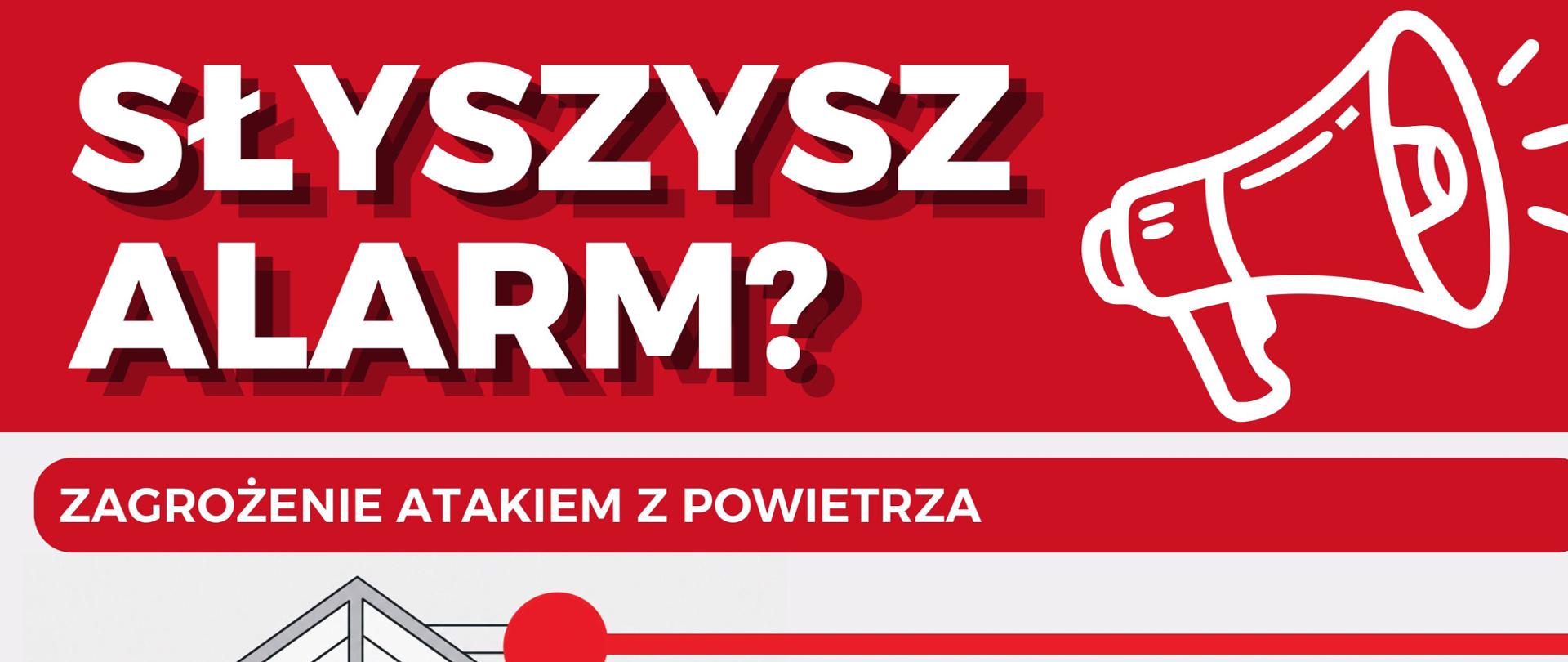 Infografika z wytycznymi postępowania po usłyszeniu sygnału alarmowego. Prezentuje zasady zachowania w budynku (kierowanie się do piwnicy, garażu lub pomieszczeń bez okien, korzystanie ze schodów) oraz na zewnątrz (szukanie najbliższego schronu, piwnicy lub przejścia podziemnego).
