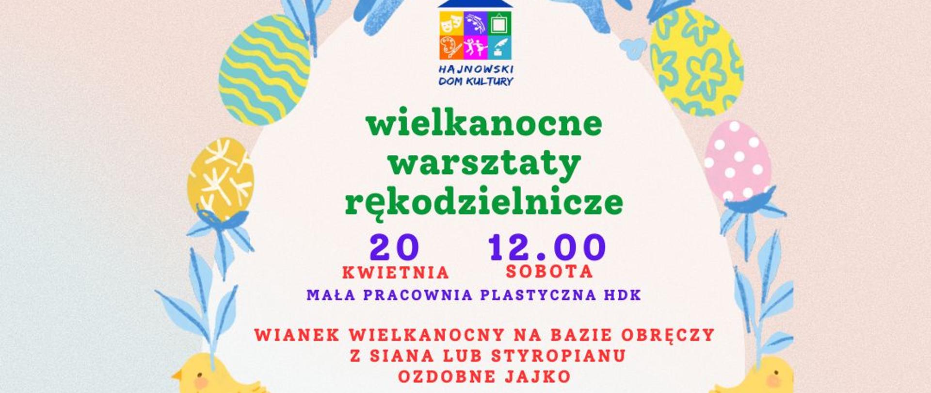 Na kremowym tle grafika wielkanocnego jajka, otoczonego pisankami, tworzącego półokrąg. W środku półokręgu napisy informacyjne, zawarte w artykule