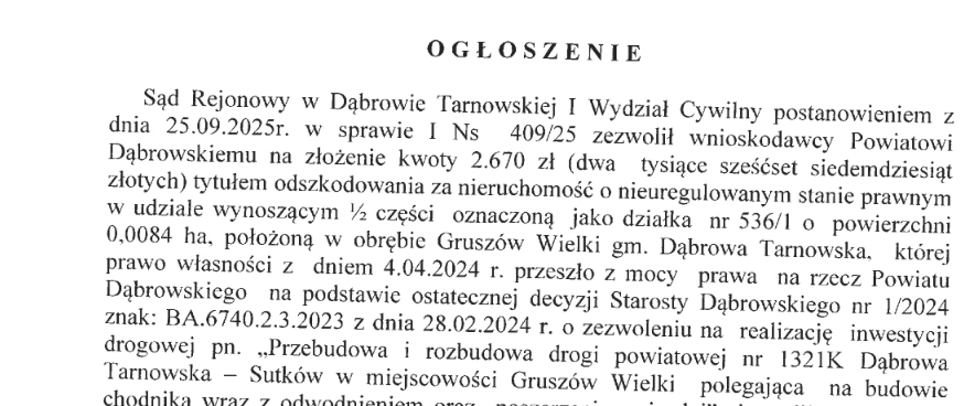 Treść ogłoszenia Sądu Rejonowego w Dąbrowie Tarnowskiej