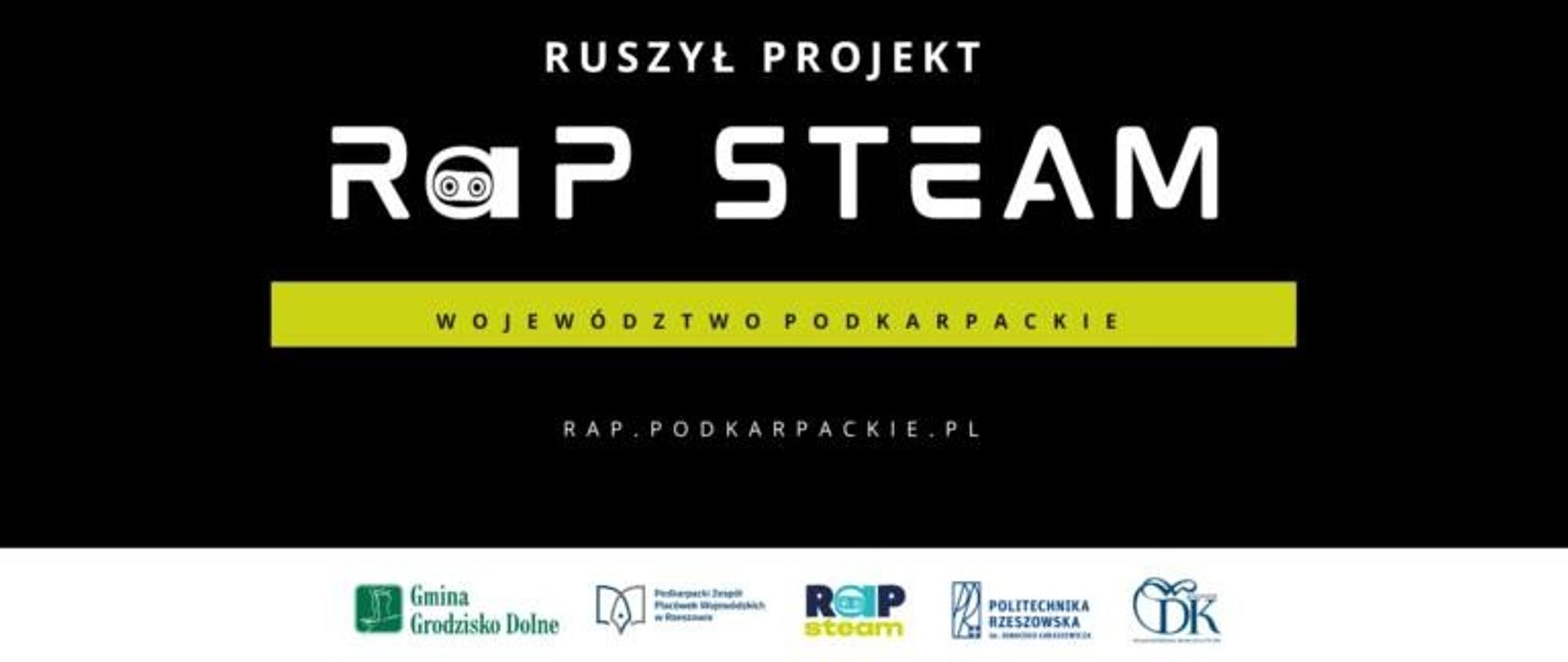 czarne tło białe litery ruszył projekt RaP STEAM na dole kolorowe loga 