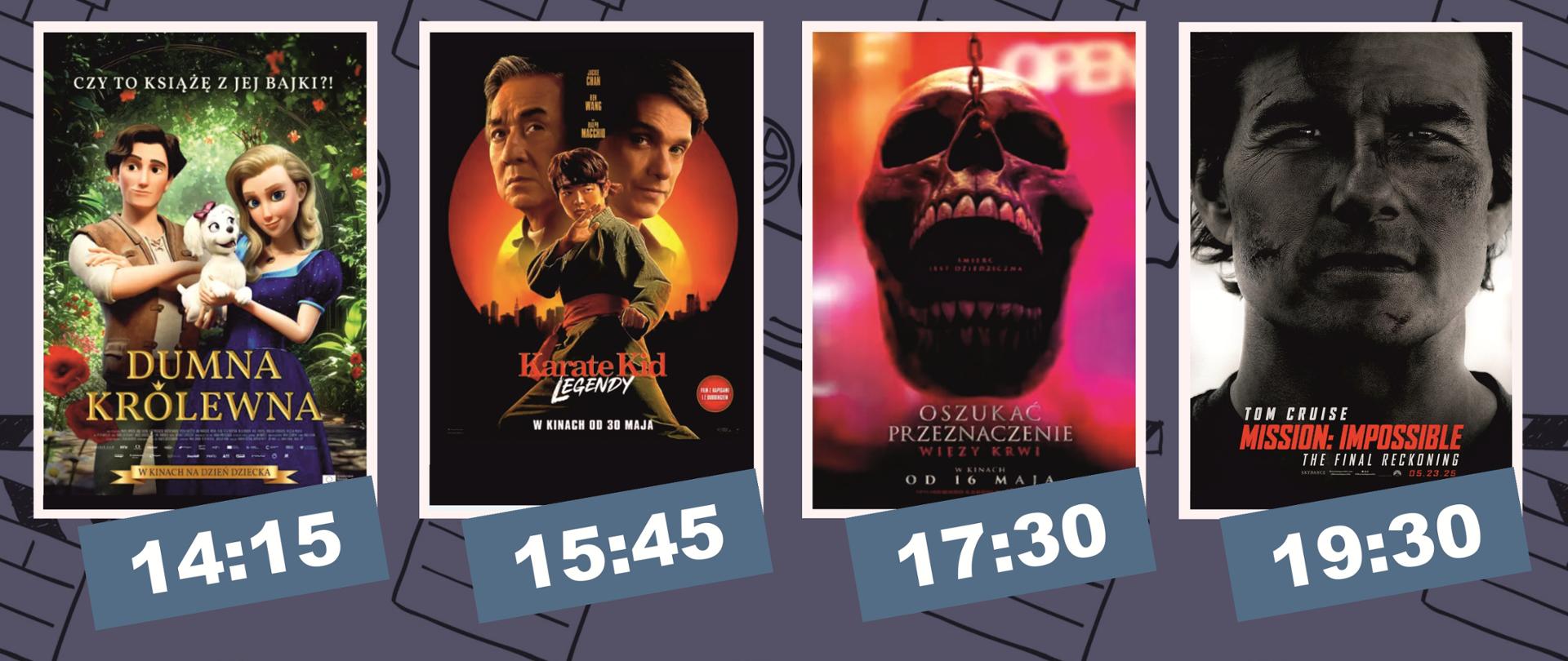 Cztery plakaty promujące filmy wraz z godzinami projekcji, u dołu ceny biletów