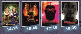 Cztery plakaty promujące filmy wraz z godzinami projekcji, u dołu ceny biletów